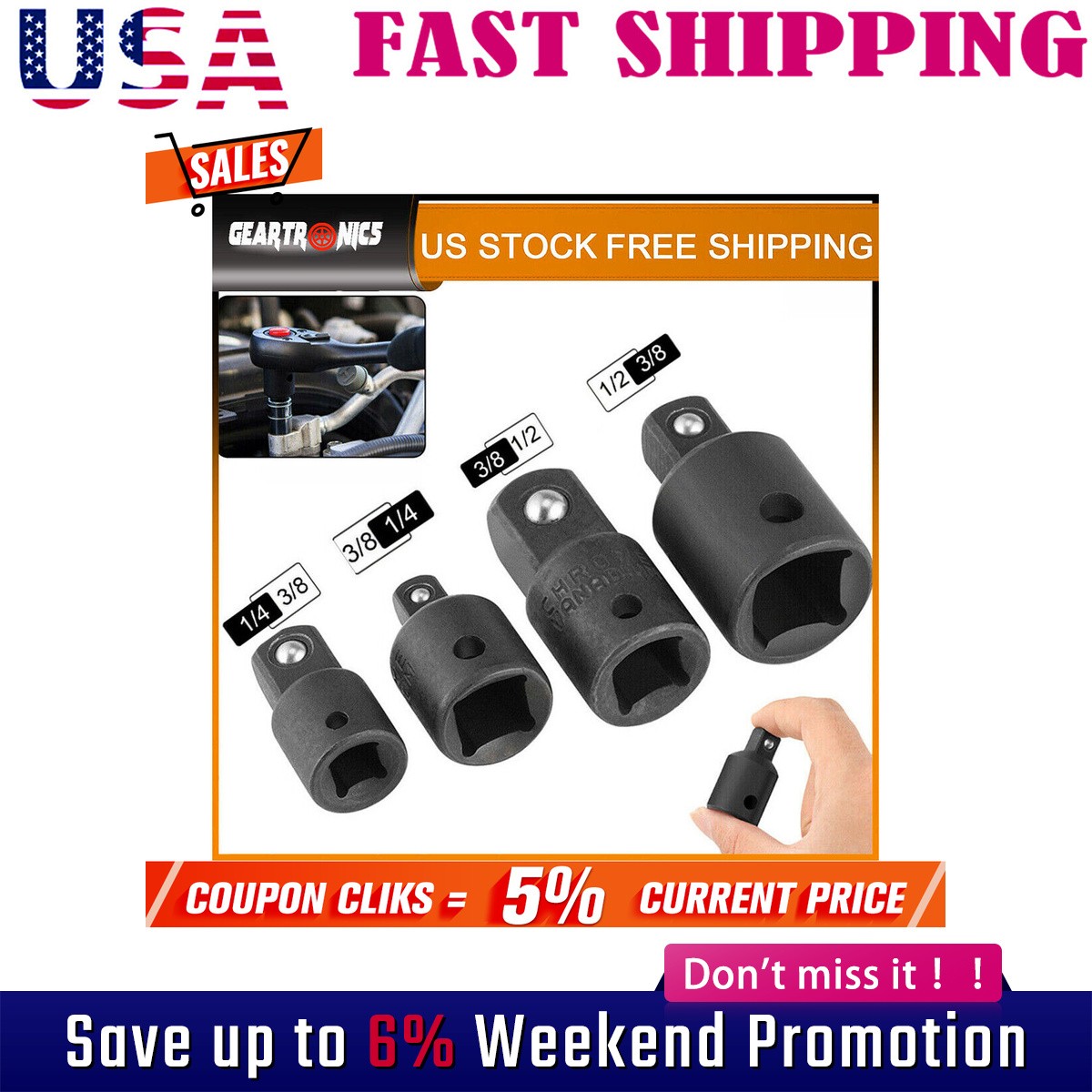 4-pack 3/8″ to 1/4″ 1/2 inch Drive Ratchet SOCKET ADAPTER REDUCER Air Impact Hwc