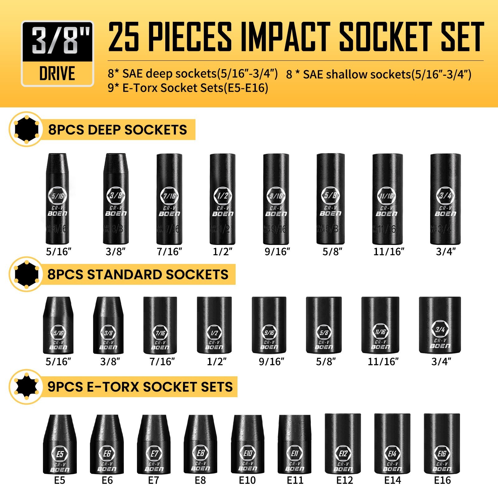 59Pcs 3/8″ Drive Impact Socket Set,SAE 5/16-3/4 inch,Metric 6-22mm,9Pcs E-Torx