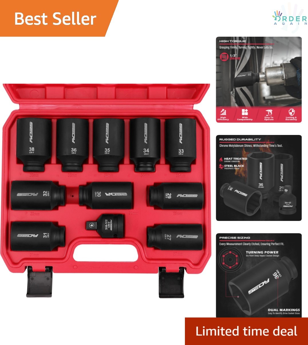 Impact Socket Set Chrome Molybdenum Steel 11-Piece Large Metric High Torque