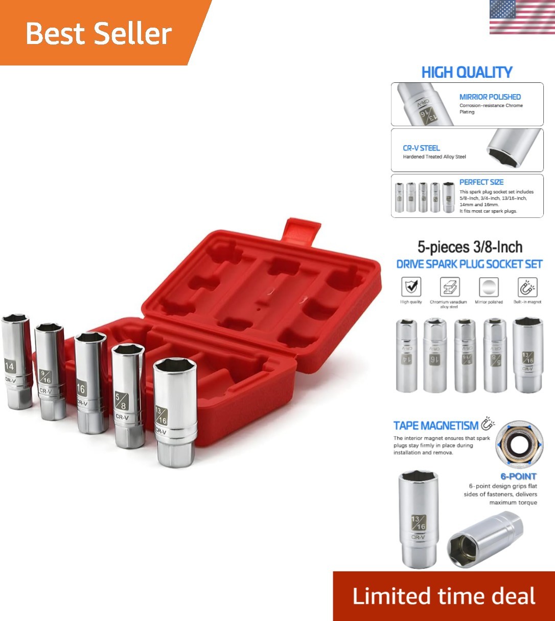 High Performance Magnetic Spark Plug Socket Set – Easy Installation, 5 Pieces