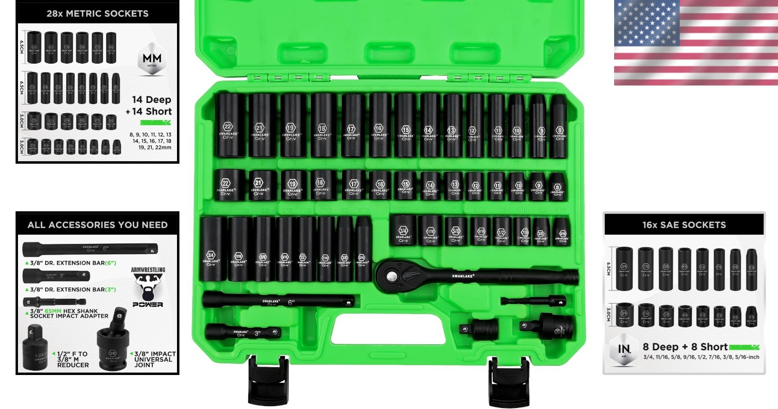 Complete SWANLAKE Impact Socket Set: 50-Piece SAE & Metric for High-Torque Tasks