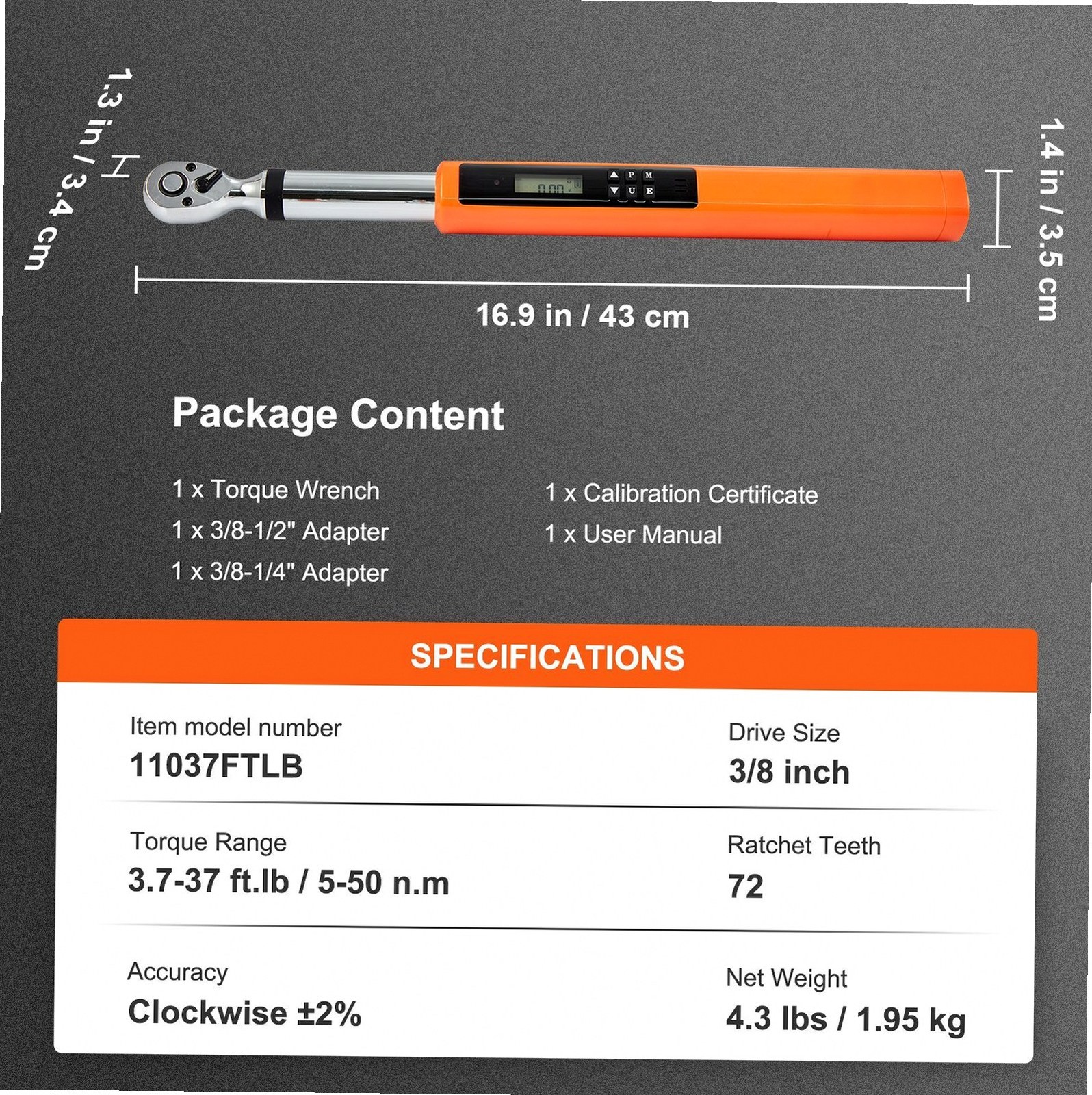 3/8″ Digital Torque Wrench 5-50Nm ±2% Accuracy Real Time Mode