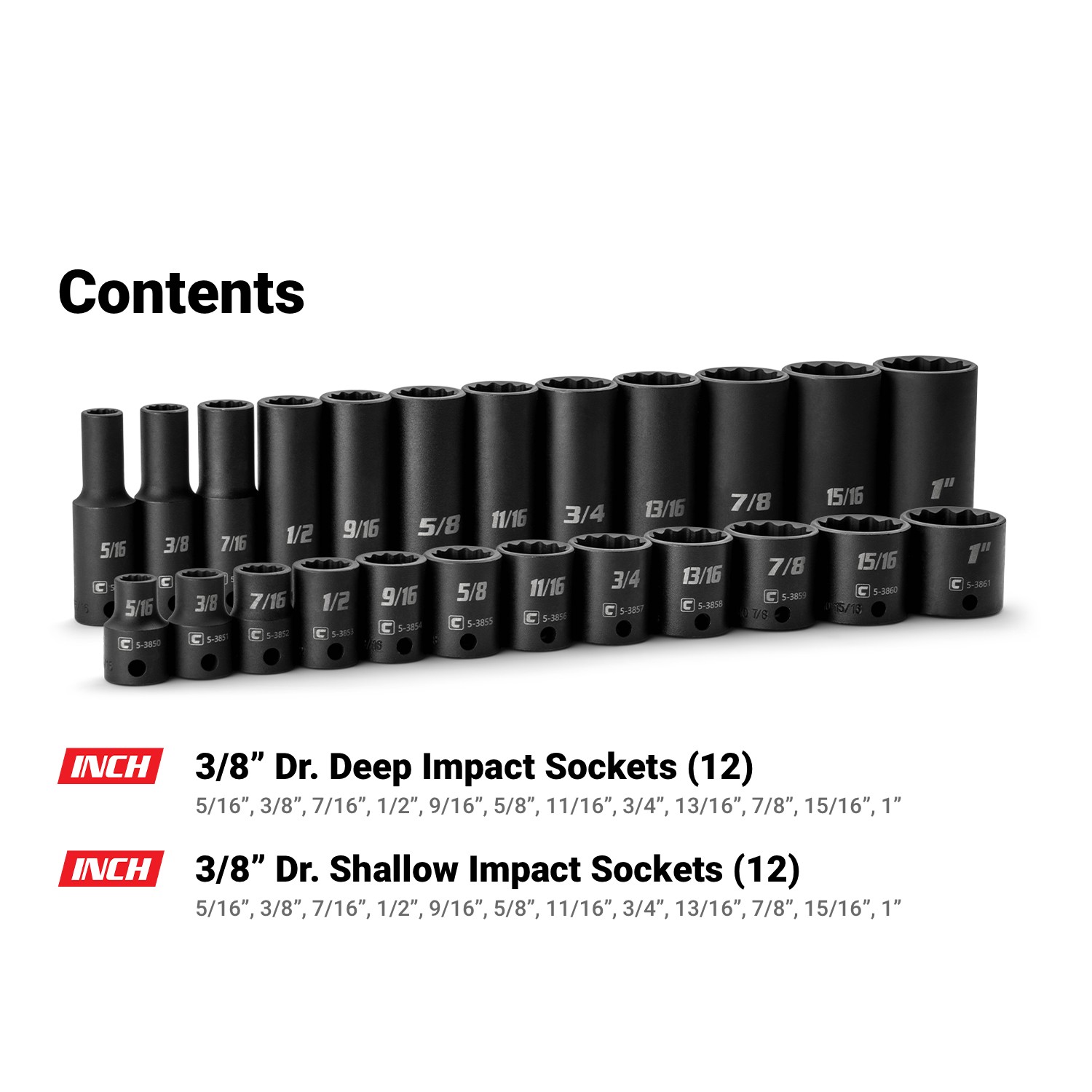 Capri Tools 3/8 in. Drive Shallow/Deep Impact Socket Set, 12-Point, SAE, 24-Pc