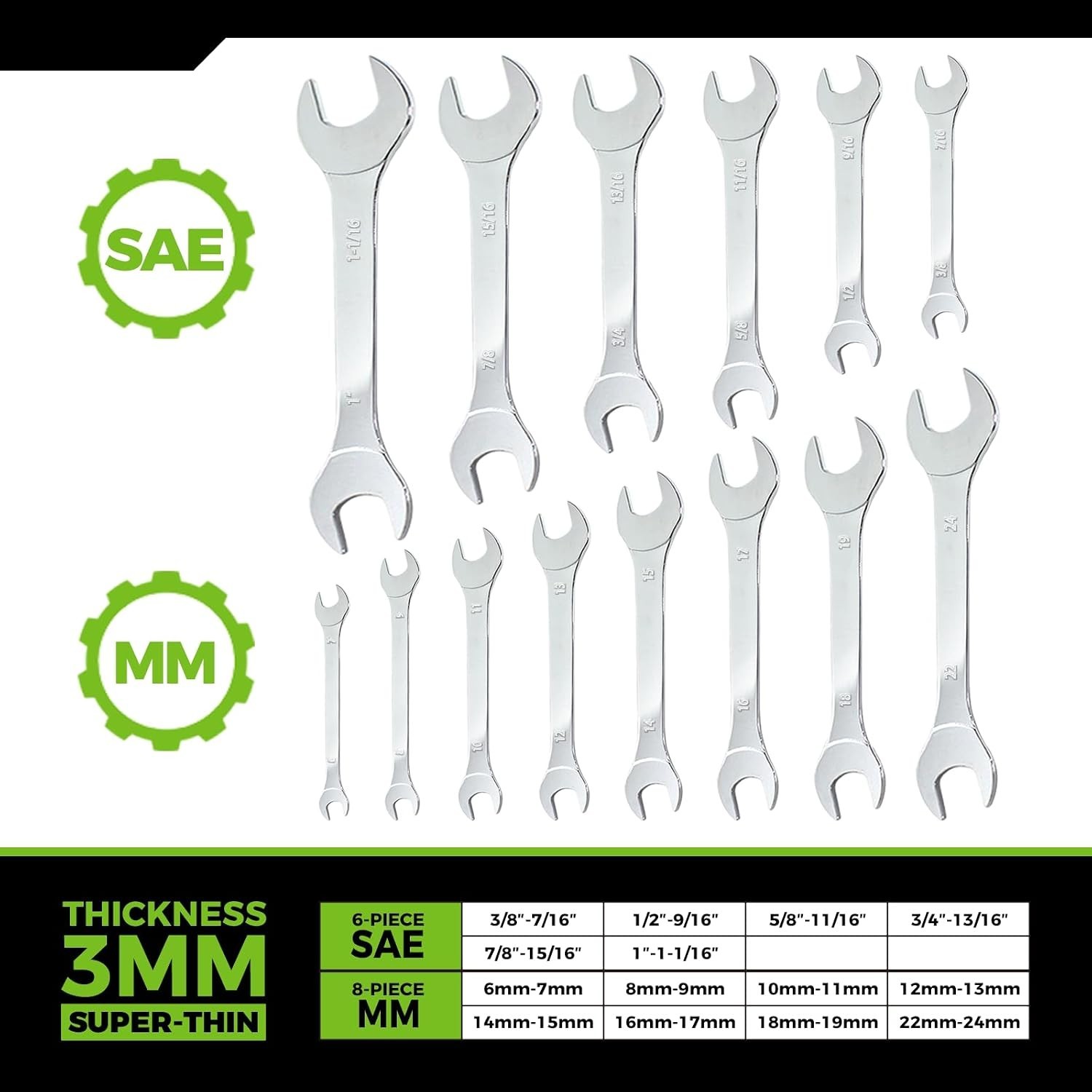 Super-Thin Open End Wrench Set, 14-Piece SAE & Metric Sizes, 6mm to 24mm, 3/8…