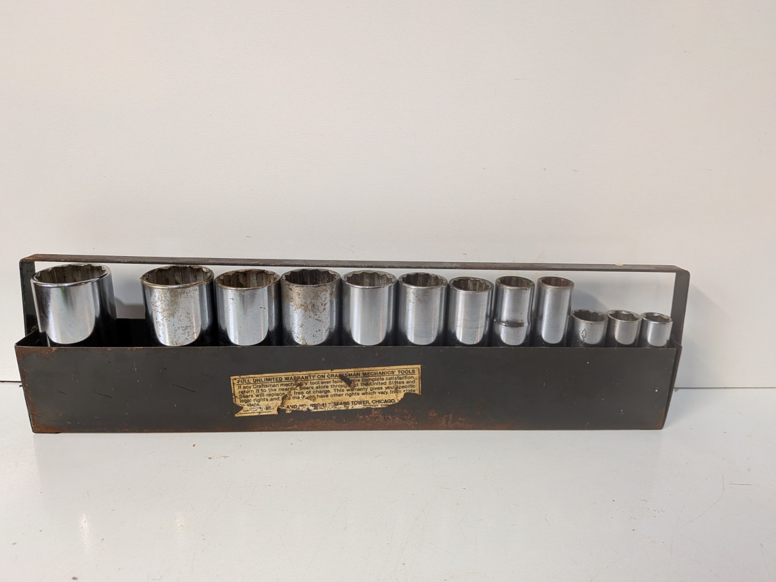 12pc. VTG Craftsman -V- 1/2″ & 3/8″ SAE DEEP Sockets w/Metal Tray 1/2″- 1 1/8″