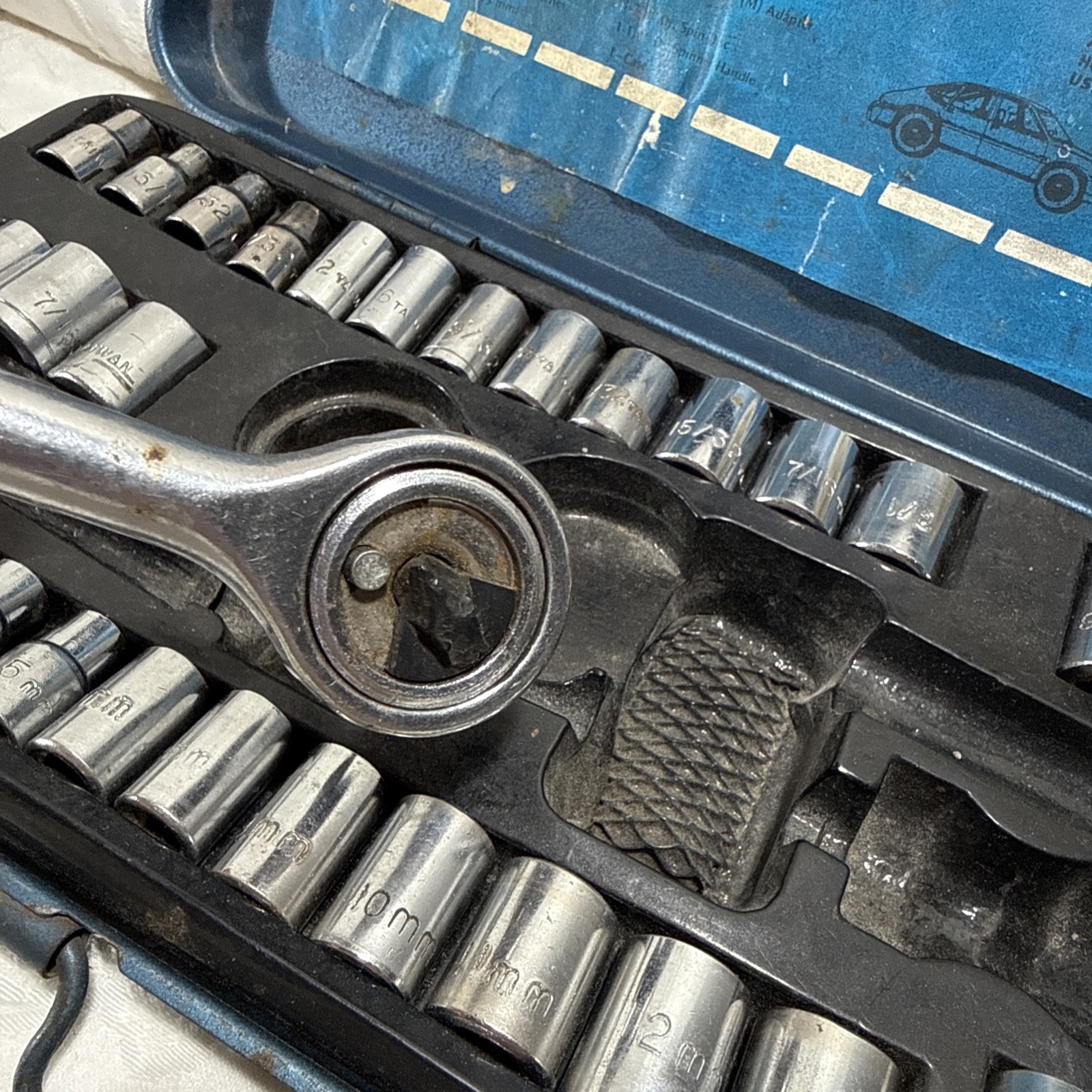 Vintage Blue Metal Case Combination Ratchet Socket Set 19 SAE 13 Metric *Read*