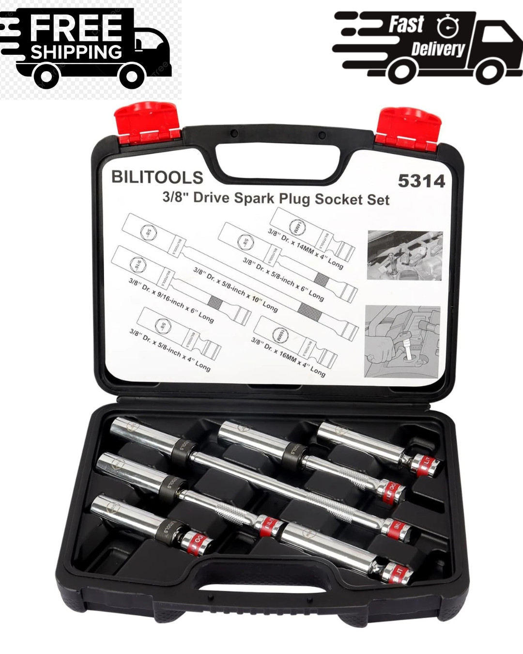BILITOOLS 7pcs Magnetic Swivel Spark Plug Socket Set & Gap Tool, 3/8″ Drive | 9/