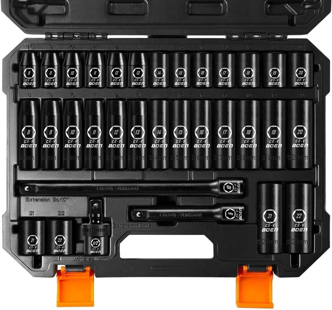 High-Durability 1/2″ Drive Impact Socket Set – 33 PCS with Extensions & Joint