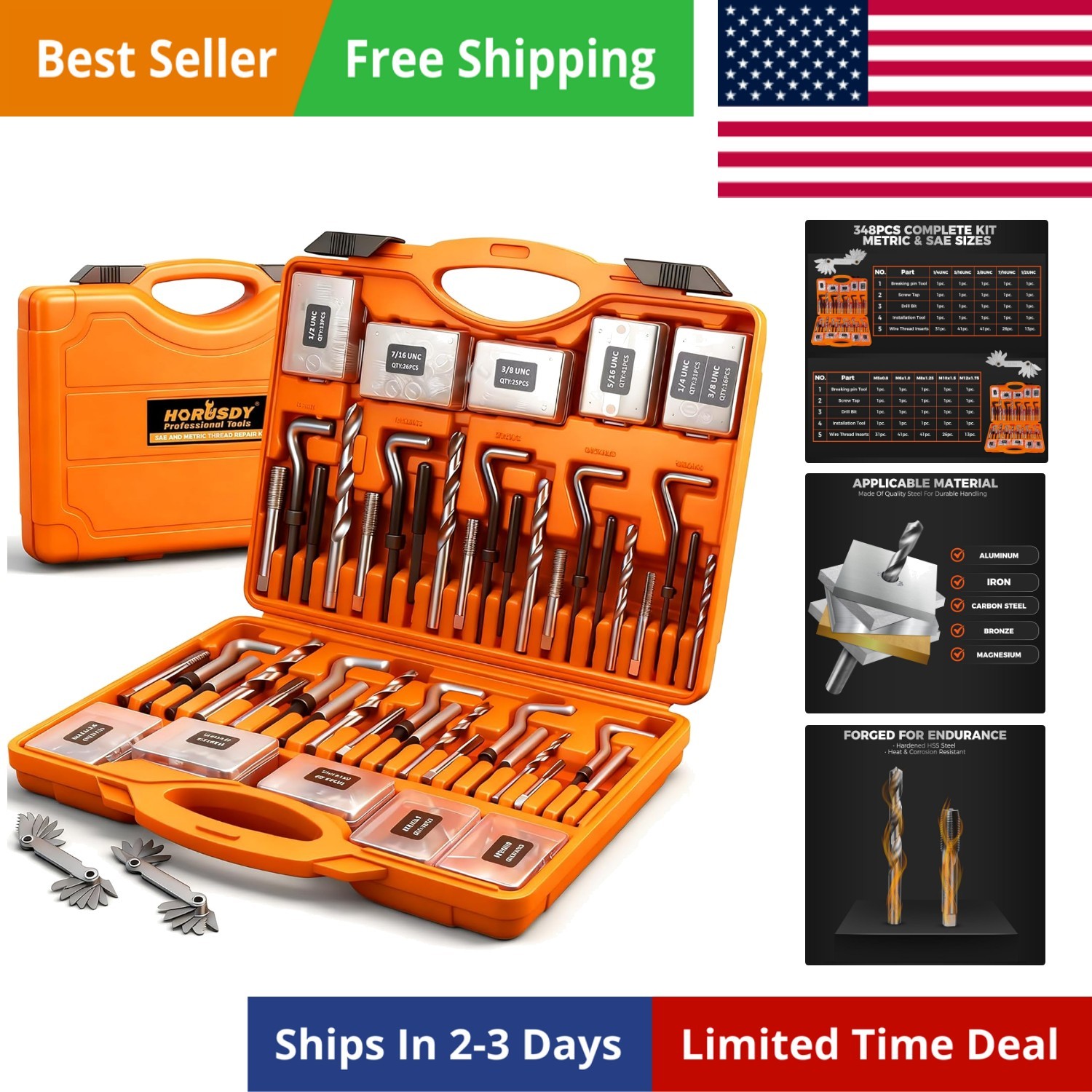 348-Piece Thread Repair Kit, Metric & SAE Helicoil Set with HSS Drill Bits, T…