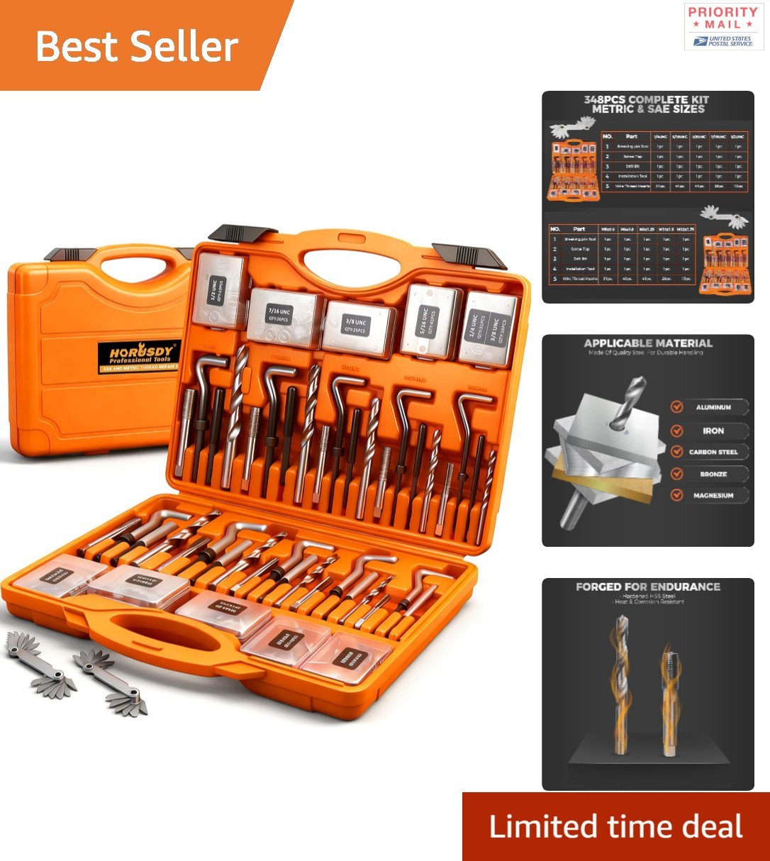 Professional 348 Piece Thread Repair Kit with Alloy Tools for Damaged Threads