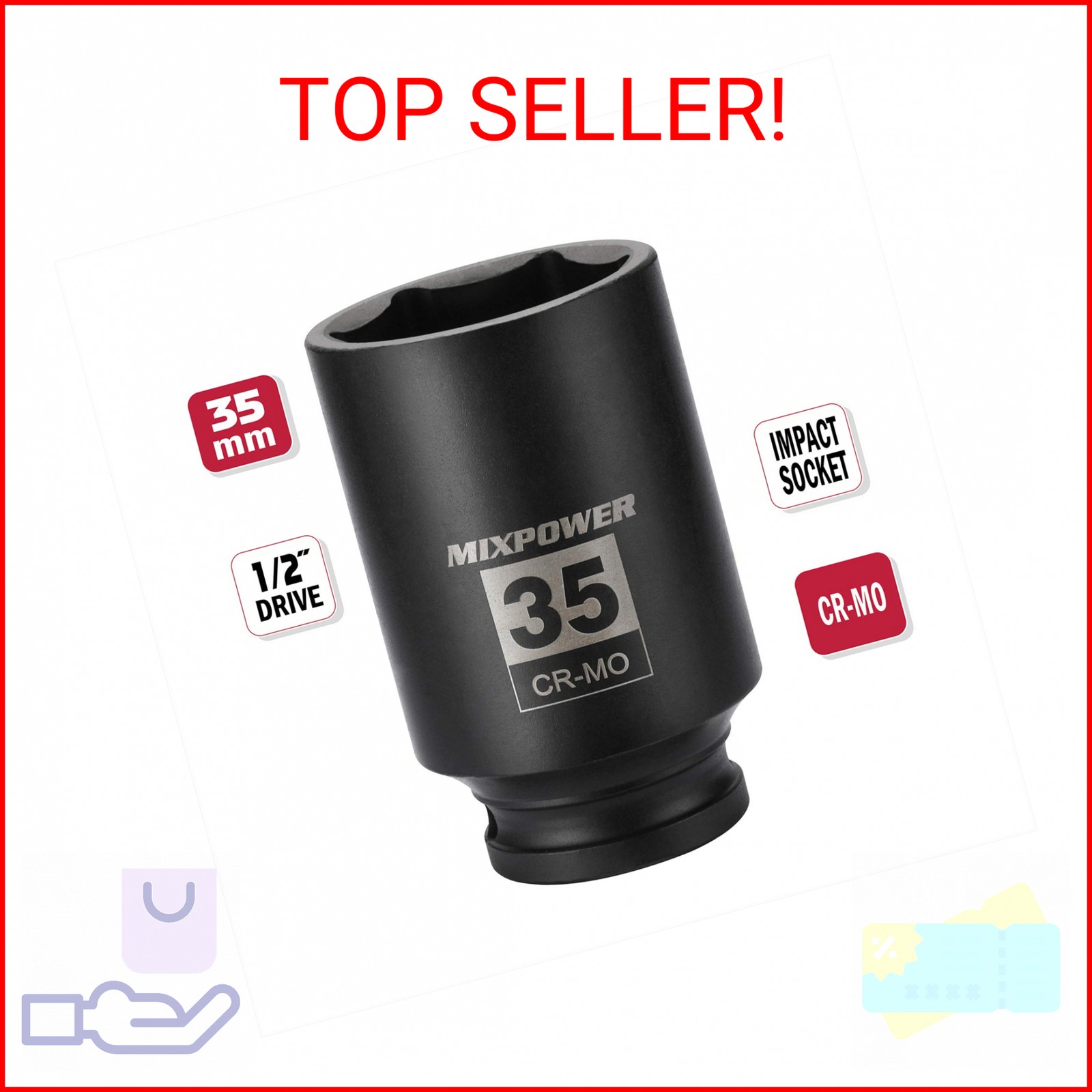 MIXPOWER 1/2″ Drive Deep Impact Socket, CR-MO, 35 mm, METRIC, 6 Point, Axle Nut