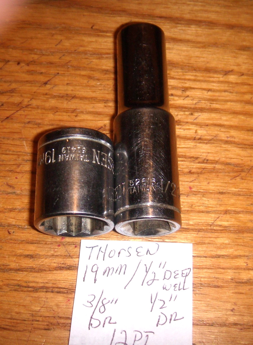 2-THORSEN SOCKETS 19MM SHORT 3/8″ DR /1/2″ DEEPWELL 1/2″DR BOTH 12PT FREE SHIP