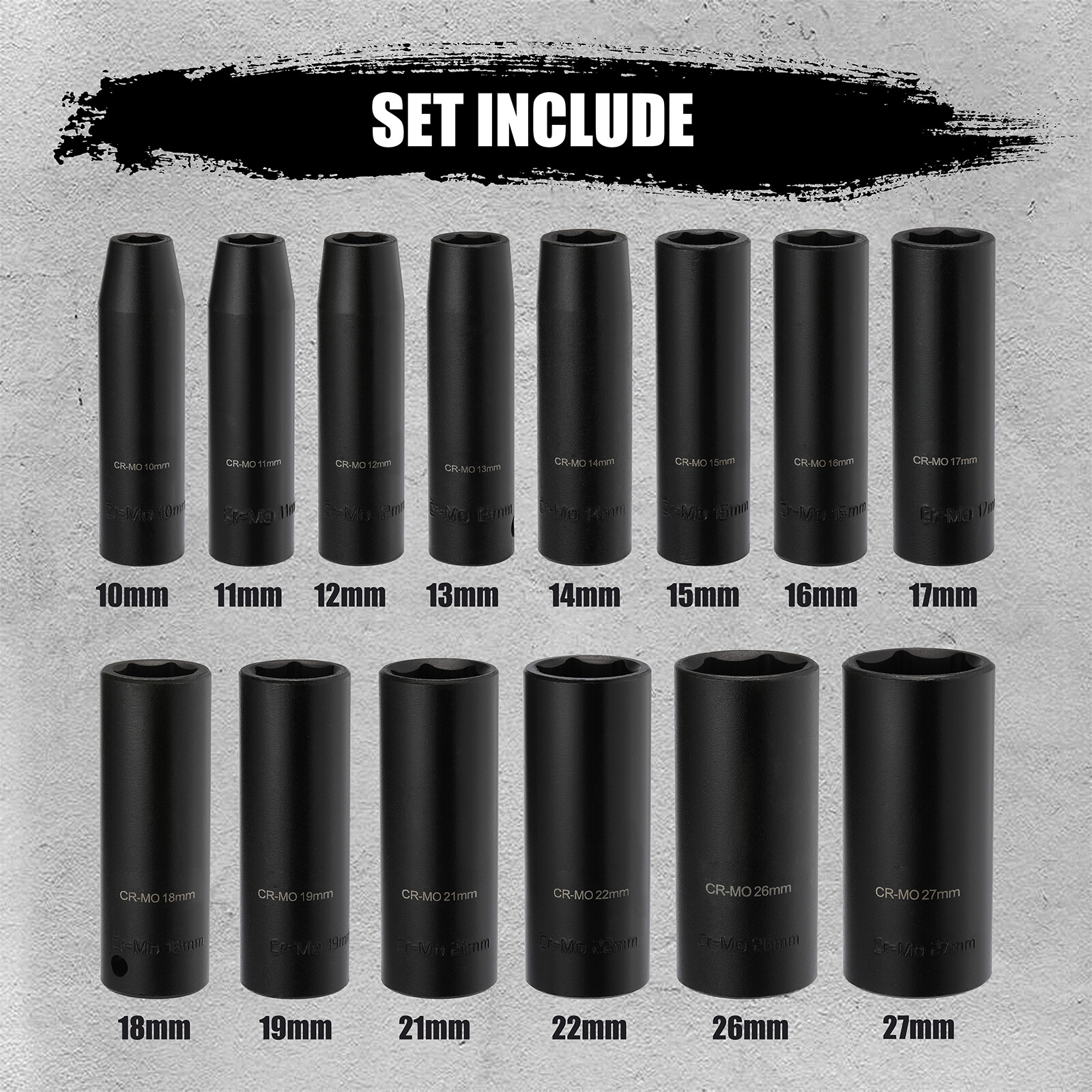 14 PCS 1/2″ Drive Deep Impact Socket Set 10mm-27mm CR-MO Metric, Heavy Duty