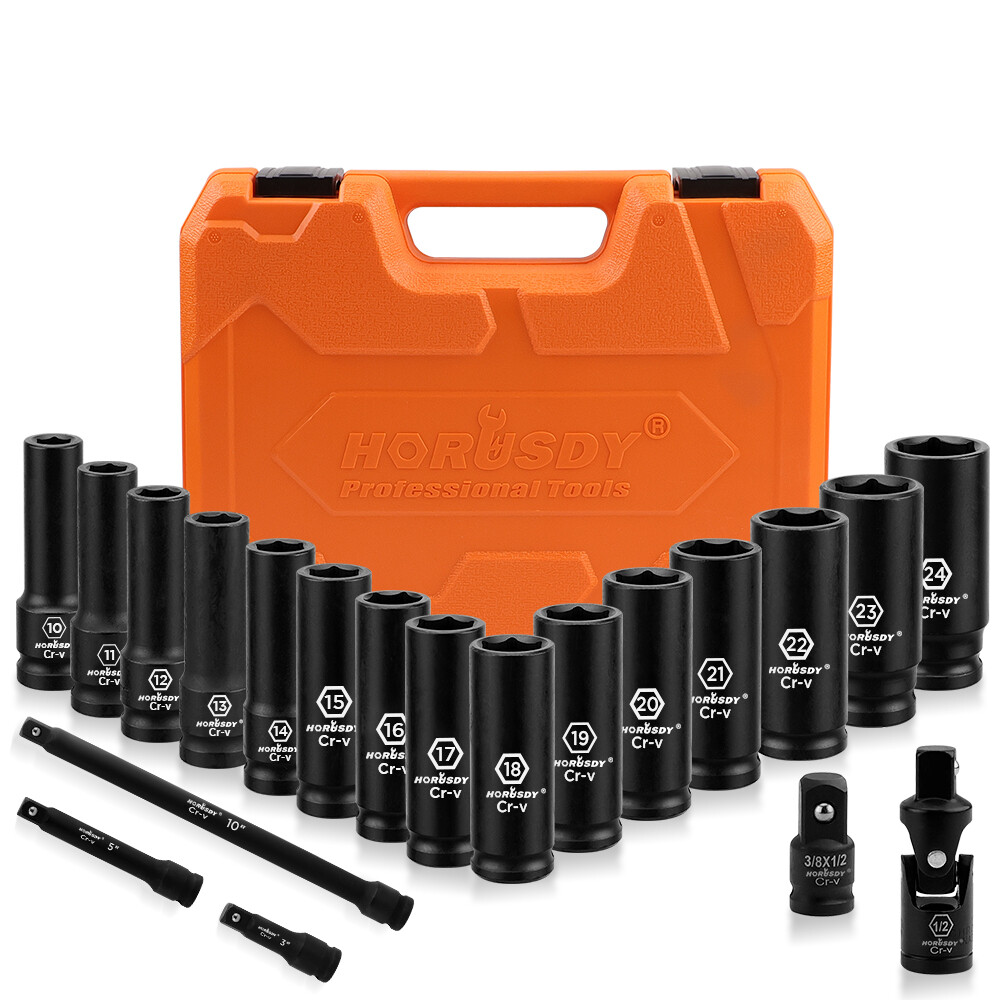 20PC Deep Socket Set Impact 1/2″ Drive Extension Bars Flexible Adapter 10-24mm