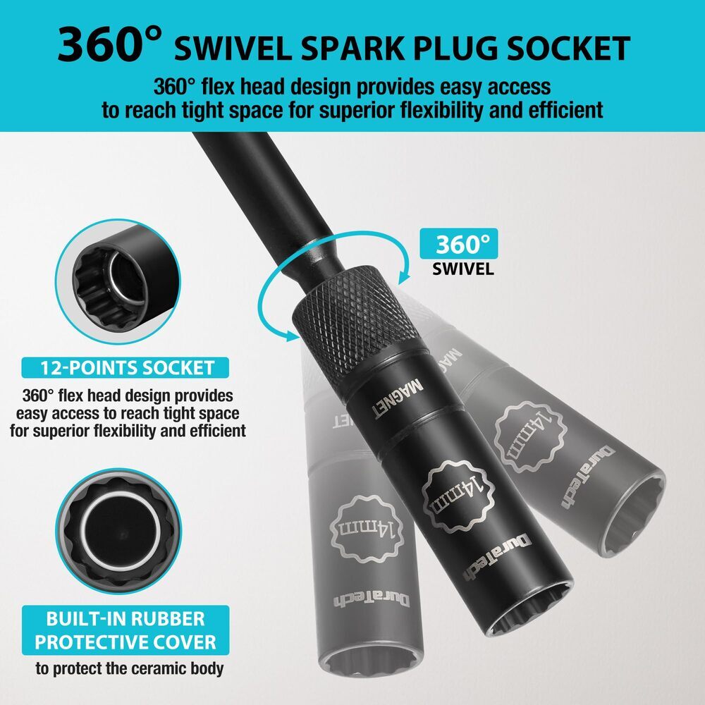 DURATECH 14mm Swivel Magnetic Spark Plug Sockets 3/8″ Drive x 12″ 1MM Thin Wall