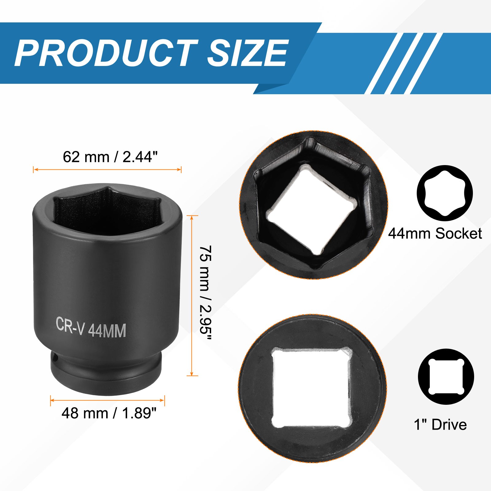 1 Inch Drive 44mm 6 Point Impact Socket Chromium Vanadium Steel