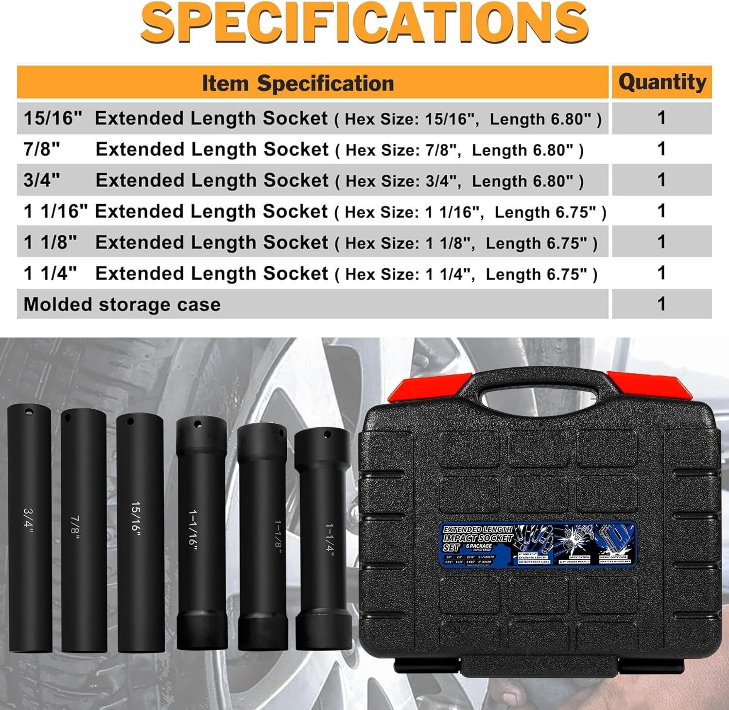 1/2″ Drive Heavy Duty Extended Extra-Deep 6 Point Impact Socket Set Black Oxide