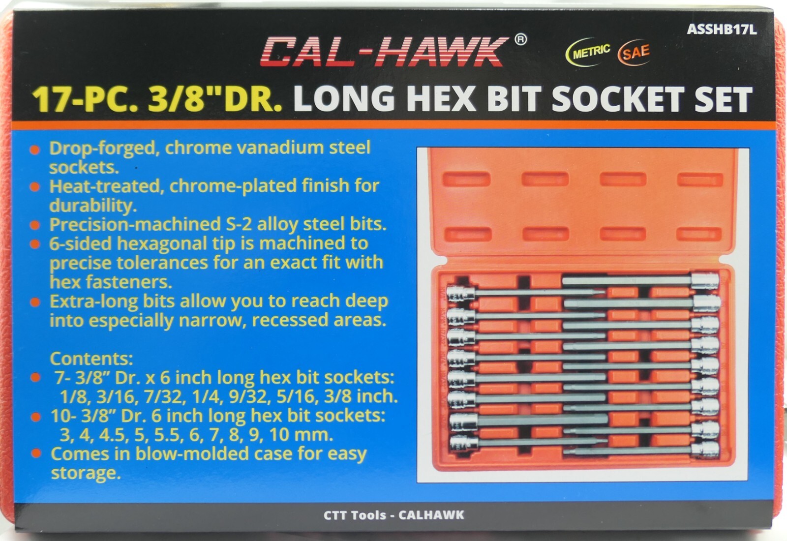 17pc 3/8″ DR CR-V/S-2 Material LONG Extension SAE+Metric HEX KEY BIT SOCKET SET