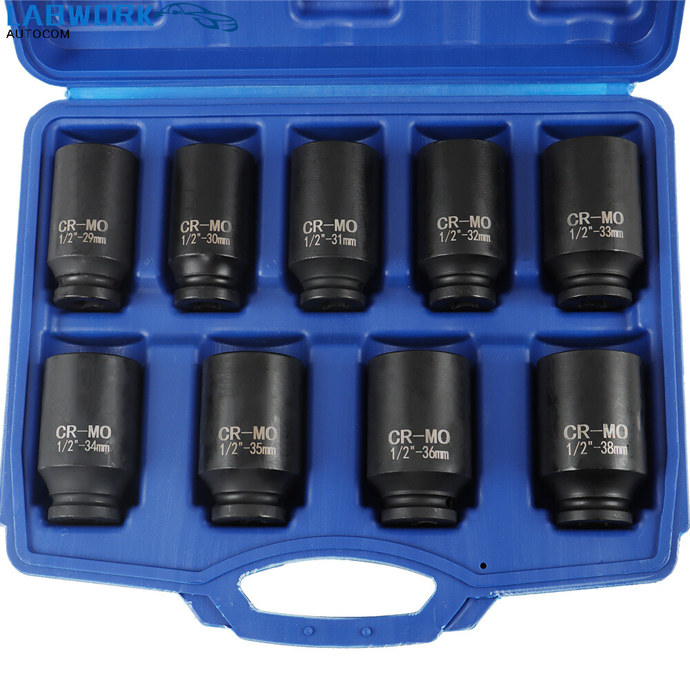 9Pcs Deep Impact Socket Set 1/2″ Drive Metric Axle Hub Nut Socket 29-38mm