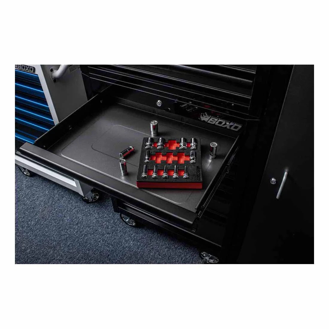 Boxo 3/8″ Drive 15pc Semi-Deep Socket Set 7mm-21mm BX563-R2 in Red/Black Foam