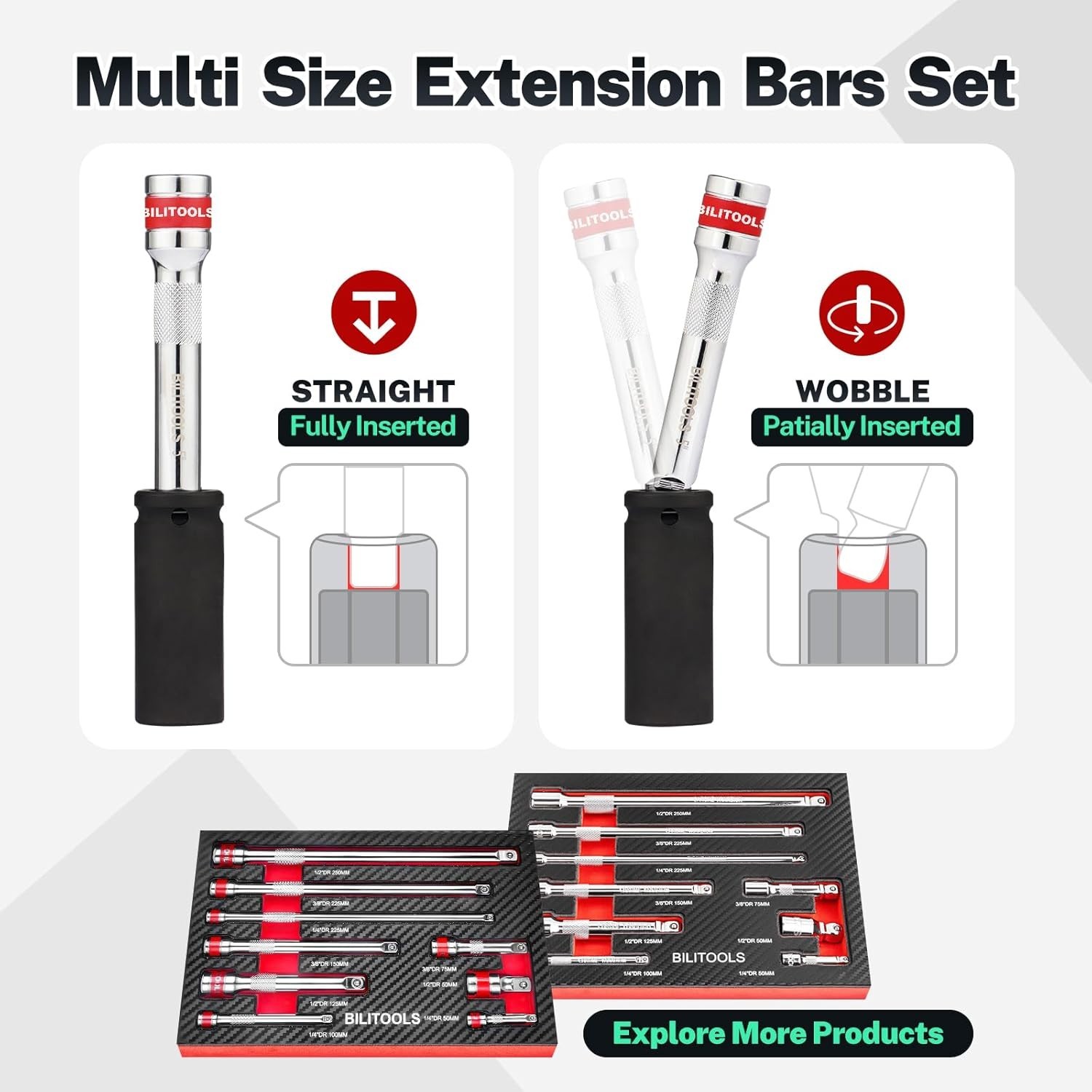 9 PCS Ratchet Extension Set 1/4″ 3/8″ 1/2″ Drive CR-V Steel EVA Foam Tray