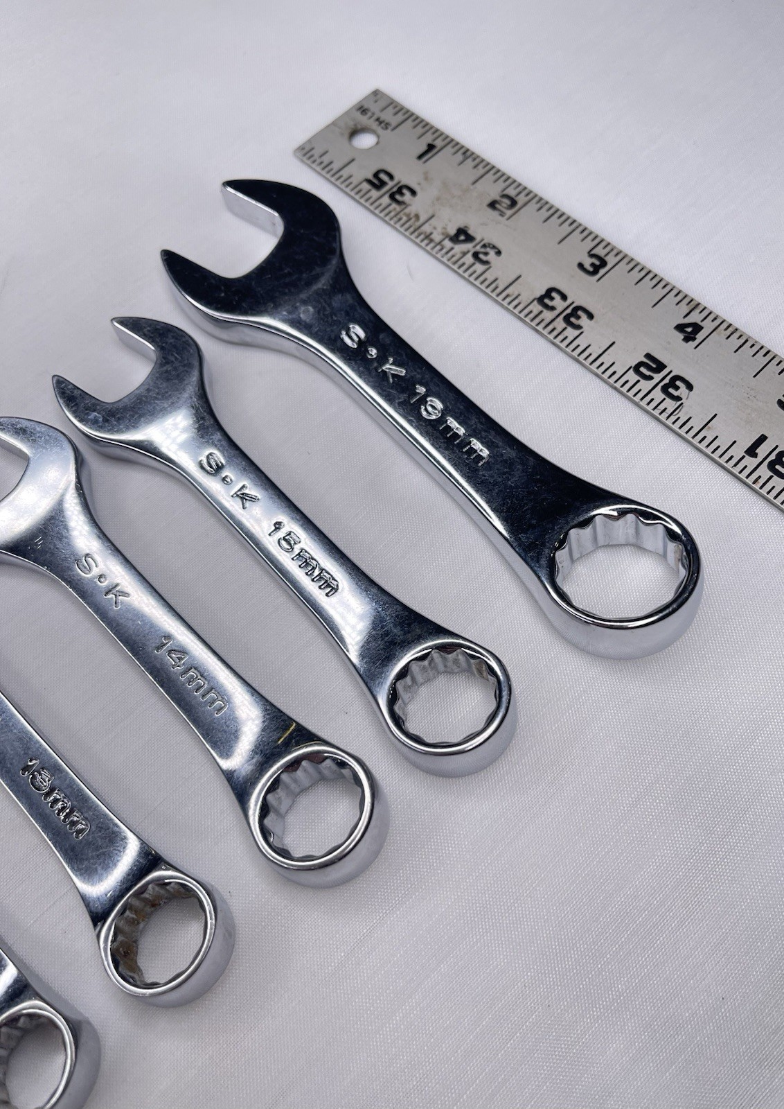 S-K Stubby Metric Combo Wrench Set of 6 Polished USA SK 11mm – 15mm, 19mm Clean