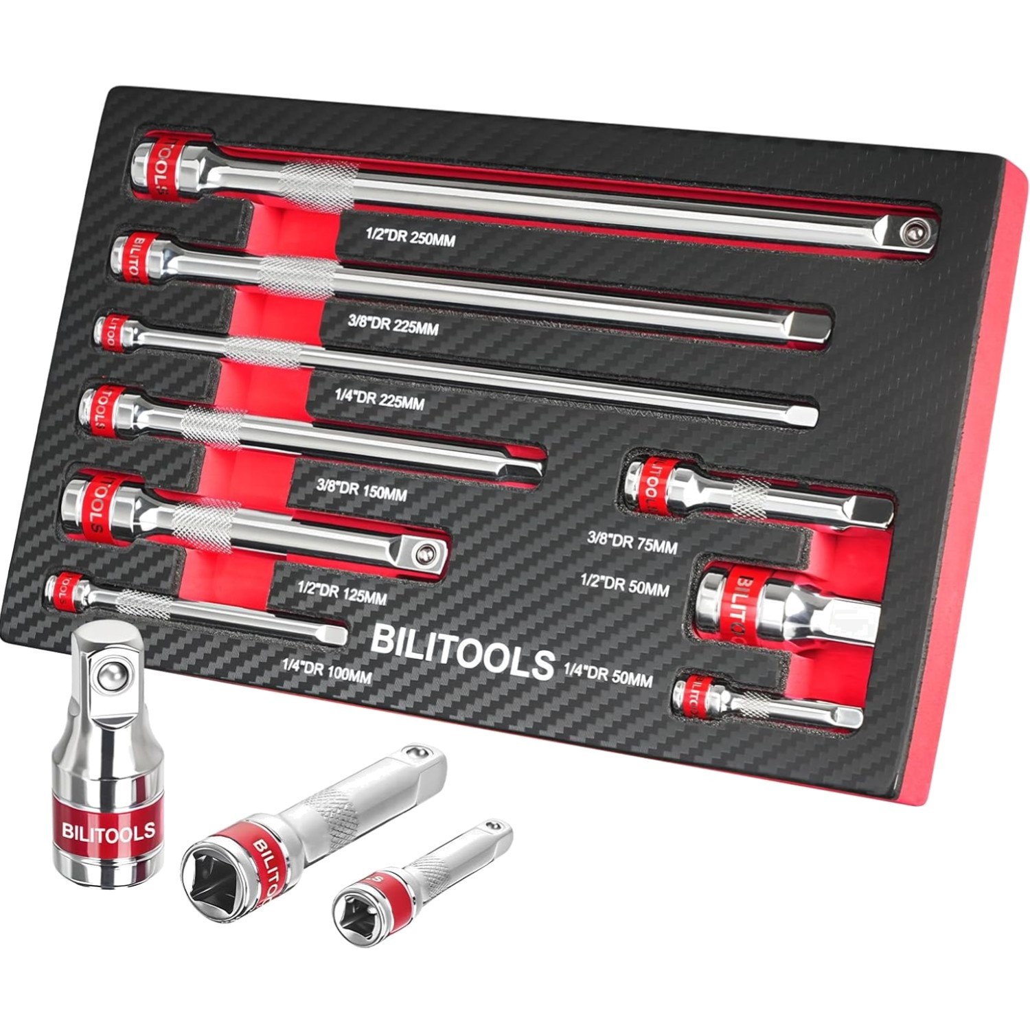 9 PCS Ratchet Extension Set 1/4″ 3/8″ 1/2″ Drive CR-V Steel EVA Foam Tray