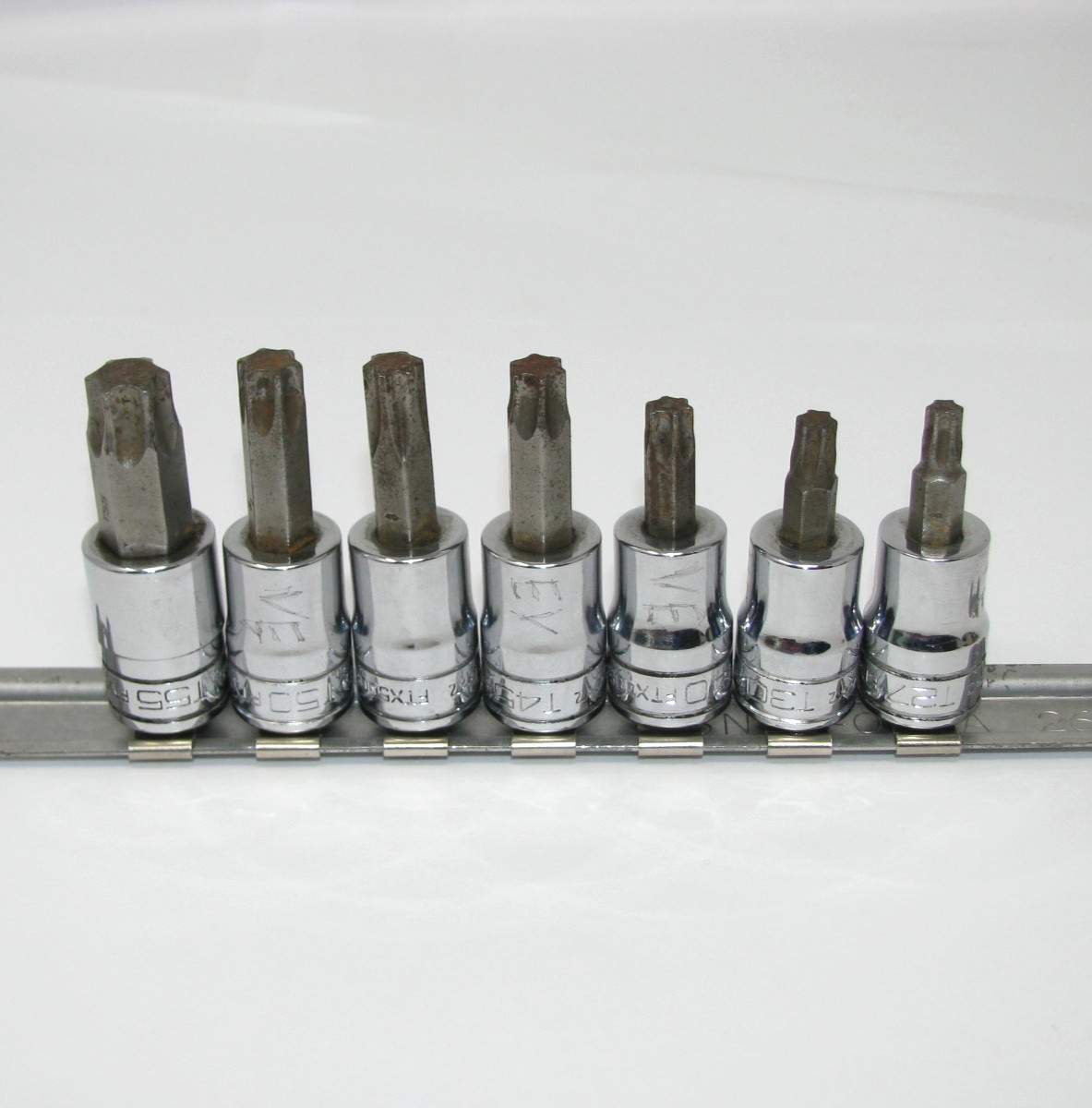 7 pc Snap-On Tools 3/8″ Drive TORX Sockets T55 FTX500E T50 T45 T40 T30 T27 rail