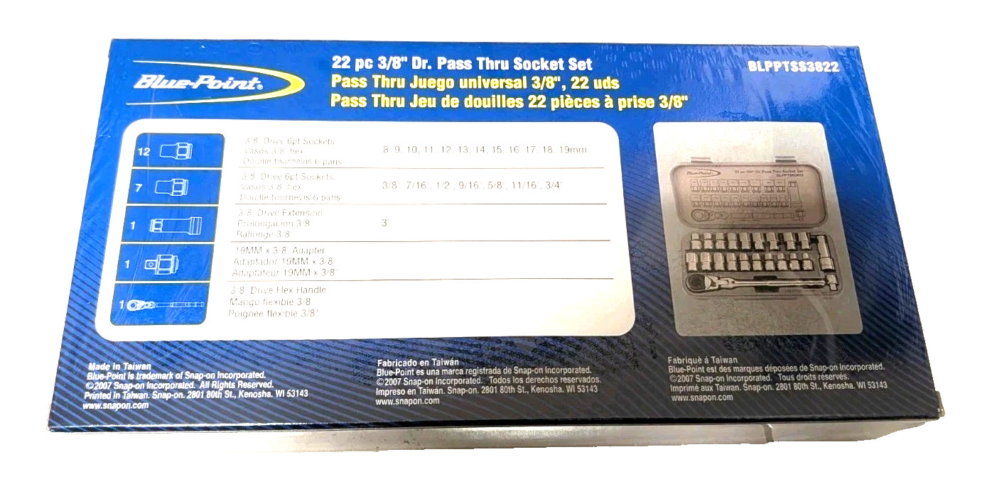 NEW Blue-Point® by Snap-on™ 3/8″ Pass-Thru 22pc Socket Ratchet Set BLPPTSS3822
