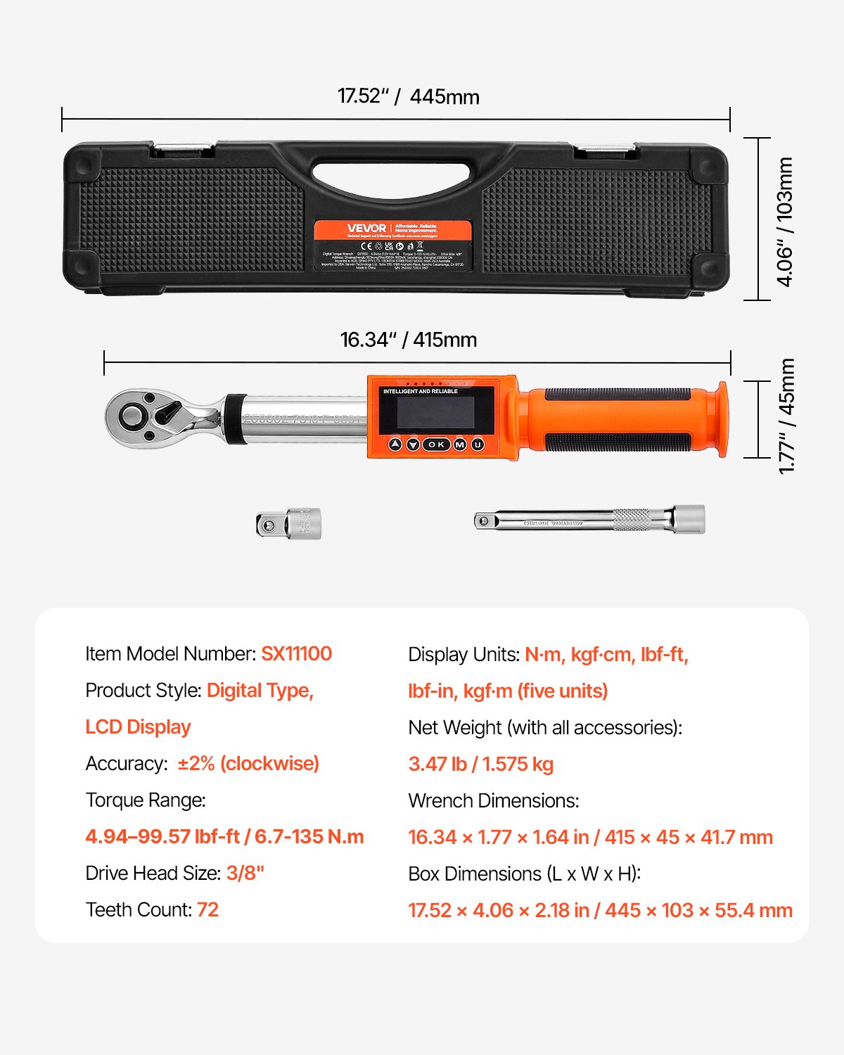 VEVOR Digital Torque Wrench 3/8 In Drive 0-99.57 lbf-ft / 0-135 N.m 72-Tooth LED