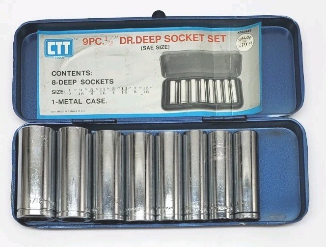 VTG CTT Tools 8 Piece Deep Socket Set Taiwan 1/2” Drive 15/16″ – 1/2″ With Case