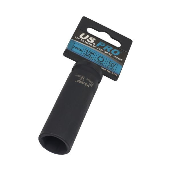 US PRO 1/2″ Drive 18mm Deep Impact Socket 6PT 78mm CR-V Black Phosphate Finish