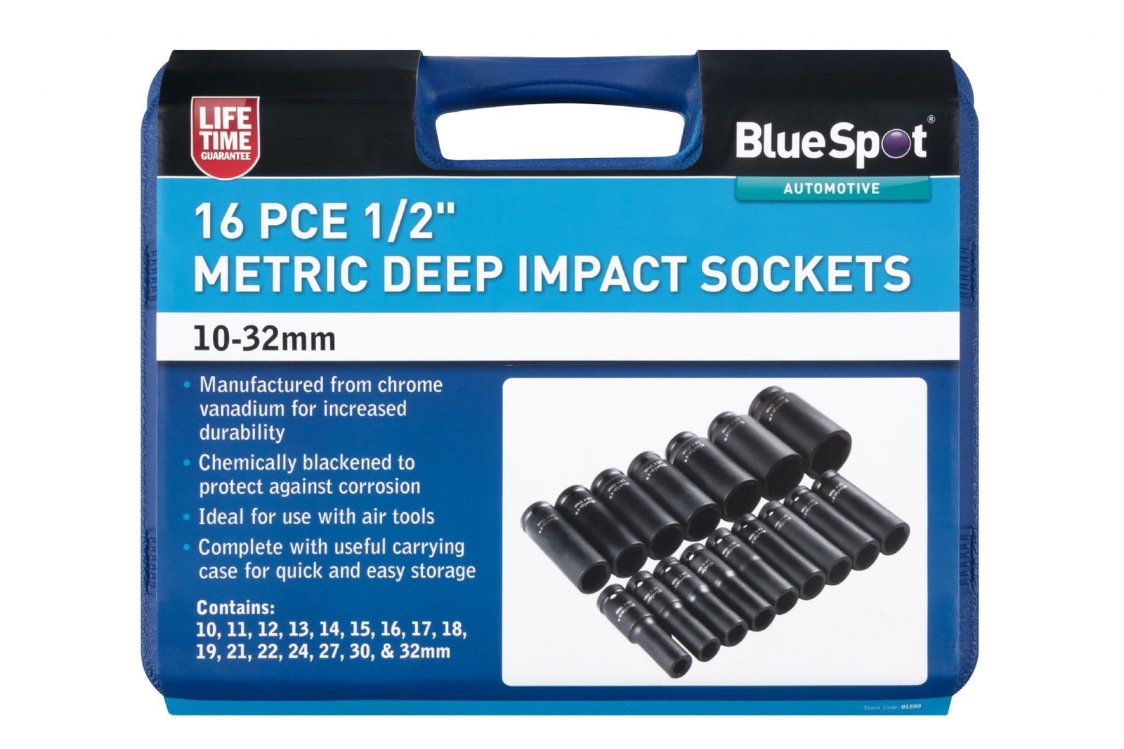 Blue Spot 01550 Tools Metric Deep Impact Sockets 10-32mm 16 Piece 1/2D