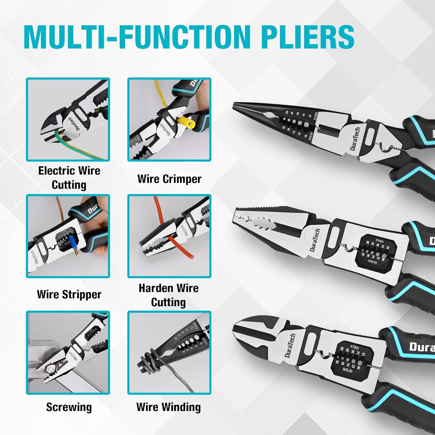DURATECH 3PCS Pliers Set, Large 6 in 1 Multifunctional Wire Stripper Black