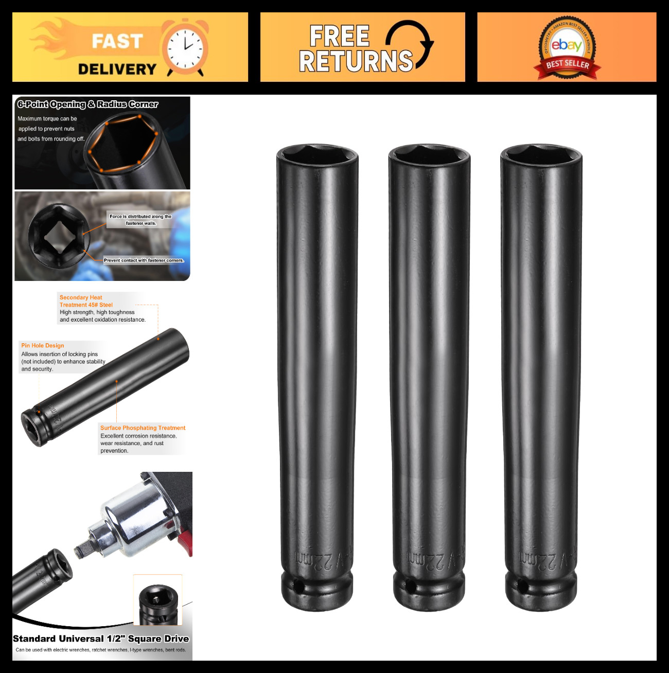 3pcs 6-Point Deep Impact Socket Set 1/2″ Drive 22mm Extra Long Heat-Treated Stee