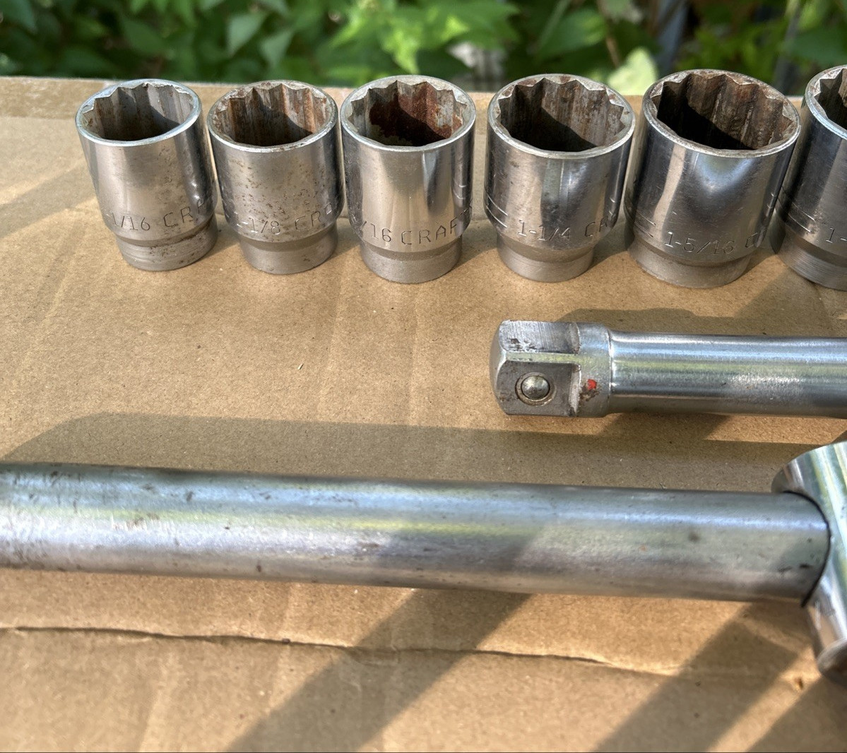 (9) CRAFTSMAN V SERIES 3/4” DRIVE SOCKETS- 18″ SLIDING BREAKER and 8″ EXTENSION.