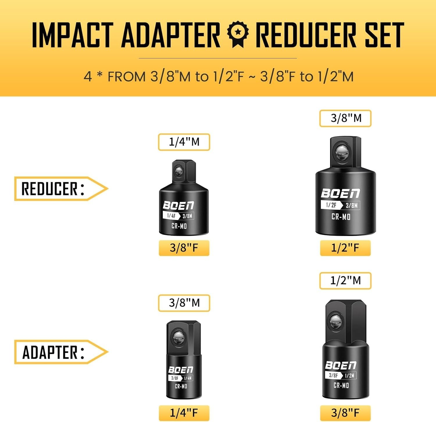 Boen 4-Piece Impact Socket Adapter Set: Durable Cr-Mo Steel for Automotive Use
