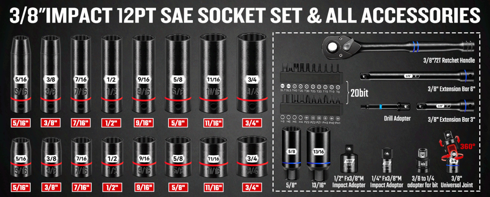 3/8″ Drive 74PCS Impact Socket Set SAE & Metric, Deep/Shallow, 72T Ratchet