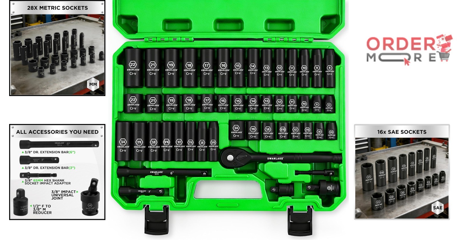 Impact Socket Set 50-Piece Chrome Vanadium SAE Metric 6-Point 3/8 Inch Drive