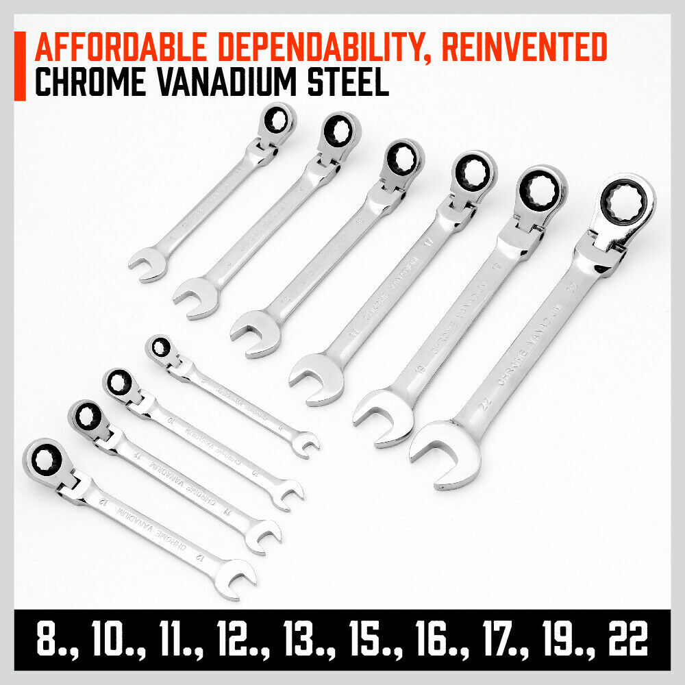 10Pc 8-22mm Flexible Head Ratcheting Wrench Combination Spanner Auto Tool Metric