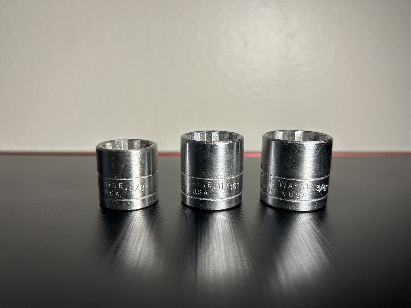 SK Wayne 5/8, 11/16, 3/4 Vintage Sockets. 3/8s Drive 12 Point 3 Item Lot