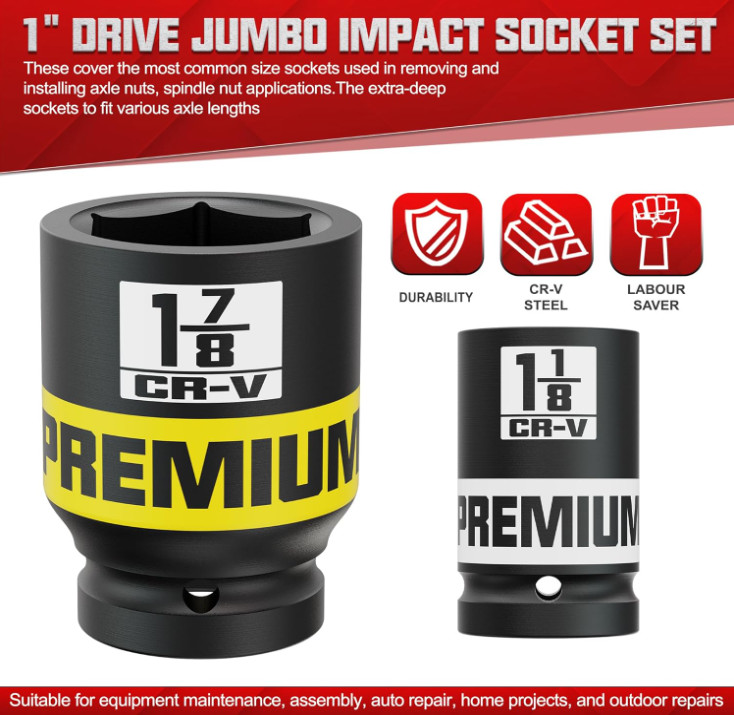 Juego vasos impacto 1″ SAE 1-2″ 9 piezas 6 puntas CR-V con estuche resistente. N
