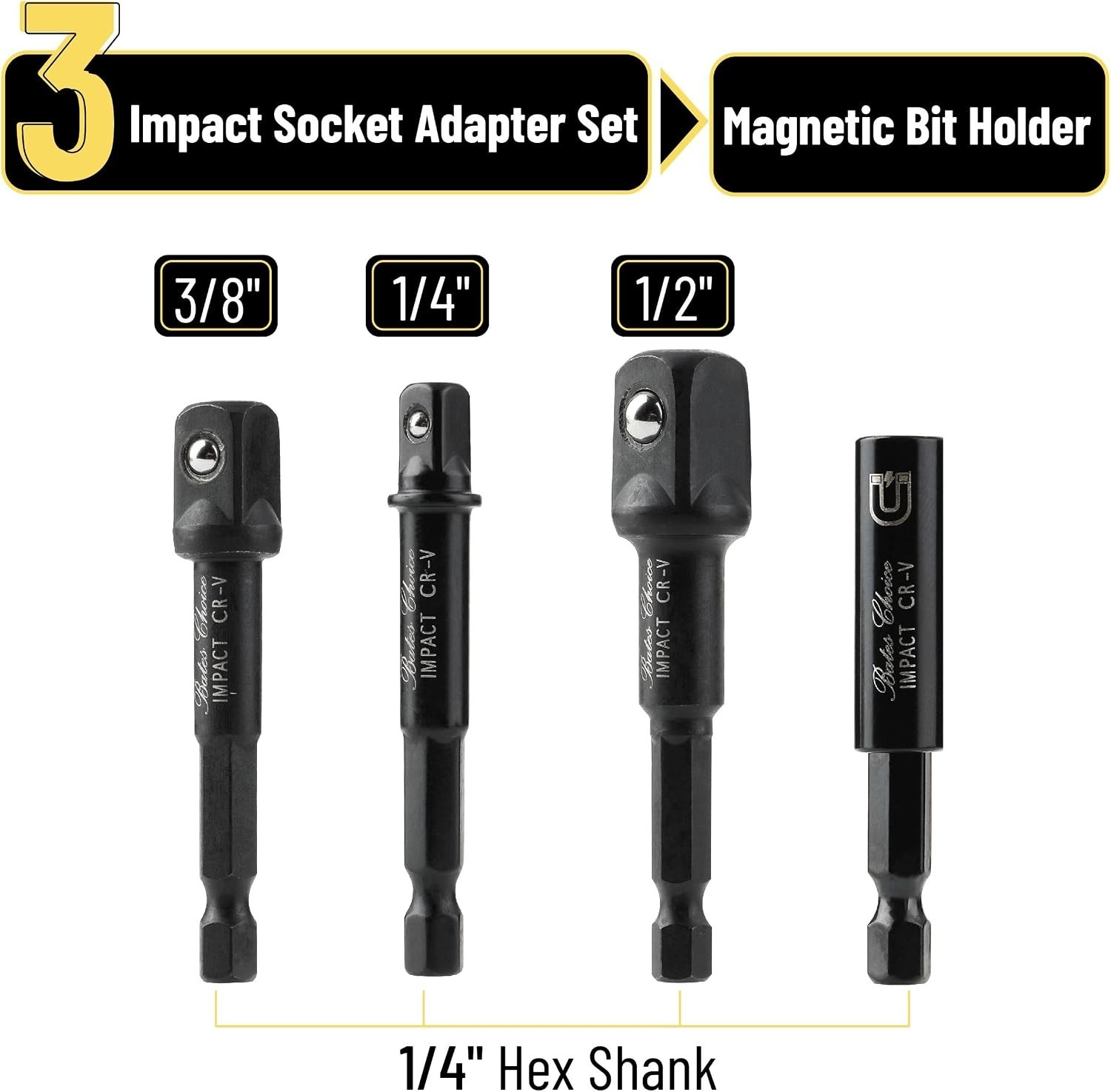 Bates- Impact Socket Adapter Set with Magnetic Bit Holder, 4 pcs, 1/4″, 3/8″,…