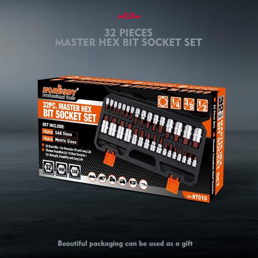 32 Piece Hex Bit Socket Set S2 Steel Allen Sockets, SAE & Metric, 1/4″ 3/8″ 1/2″