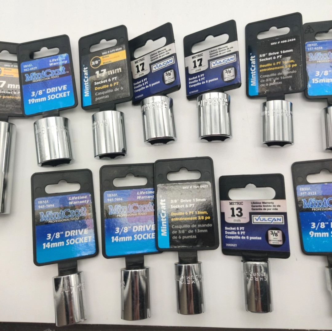 14pc Assorted Lot of 3/8″ Drive Sockets, Metric Deep Well, Regular and Hex Bit
