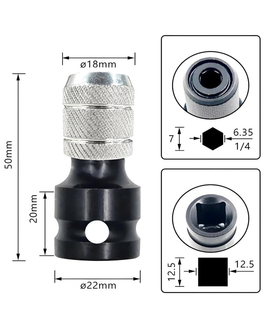 2Pcs 1/2″ Square Drive to 1/4″ Hex Socket Adapter Converter Impact Wrench Chuck.