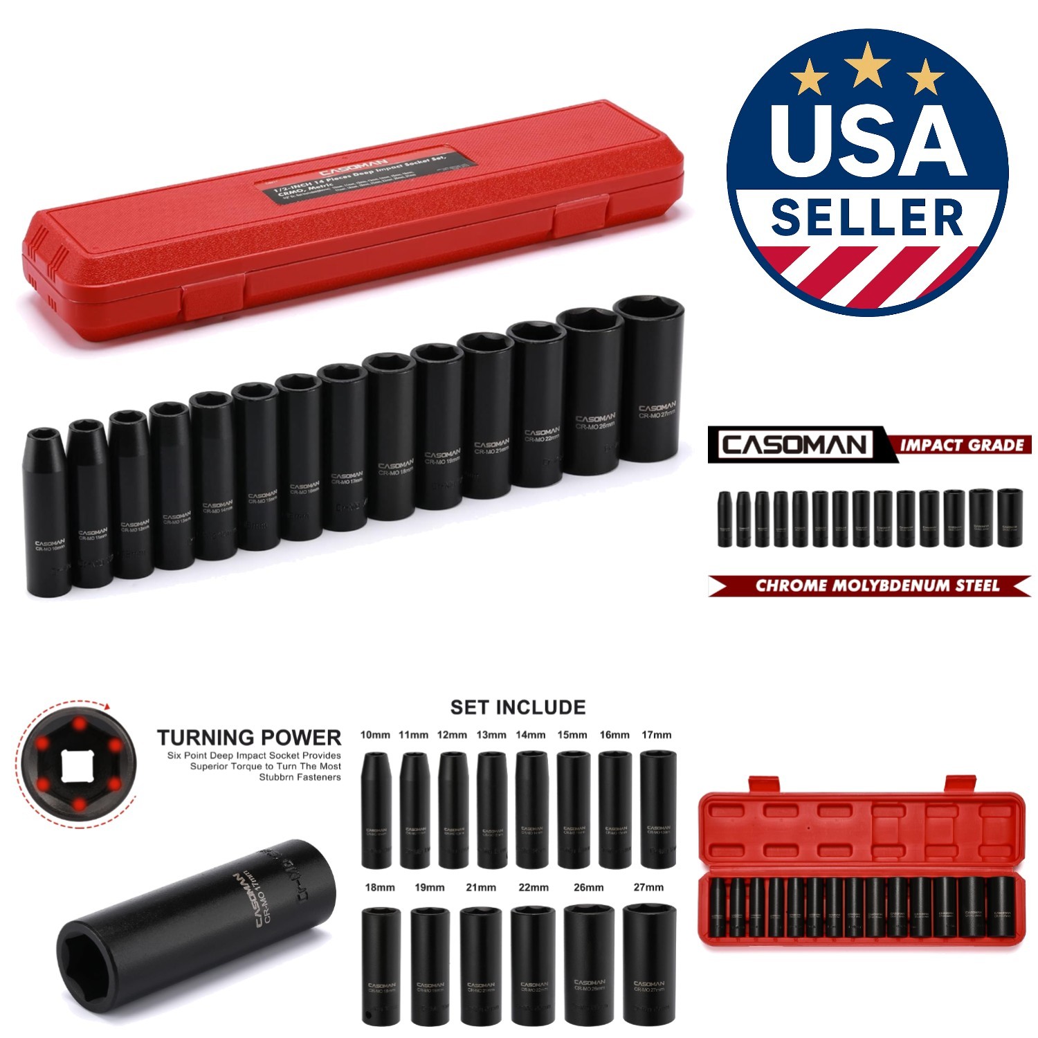 Durable Chrome Molybdenum 14-Piece Impact Socket Set with Laser Etched Sizes