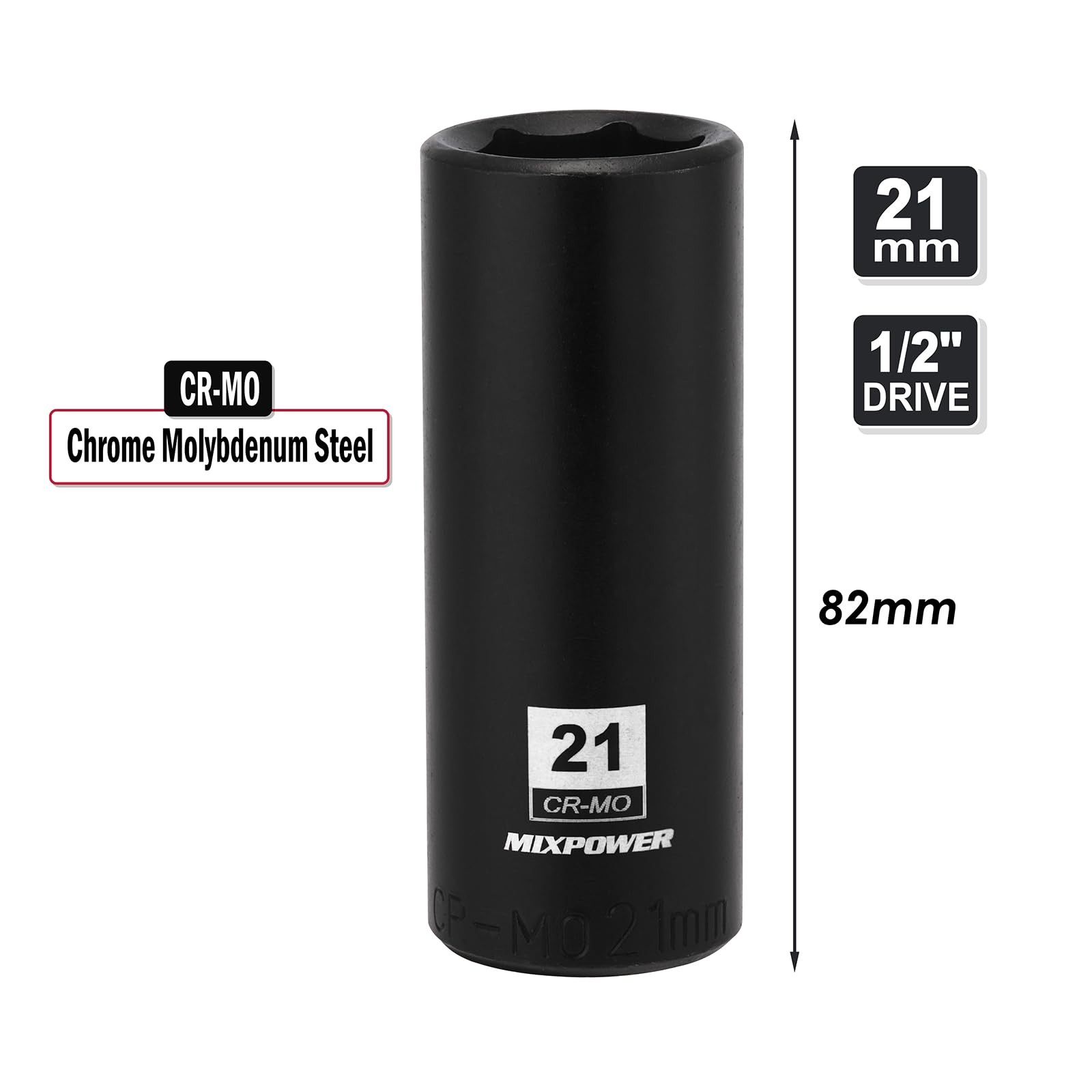 1/2 Inch Drive Deep Impact Socket, CR-MO, 21mm, 6 Point, Radius 21mm