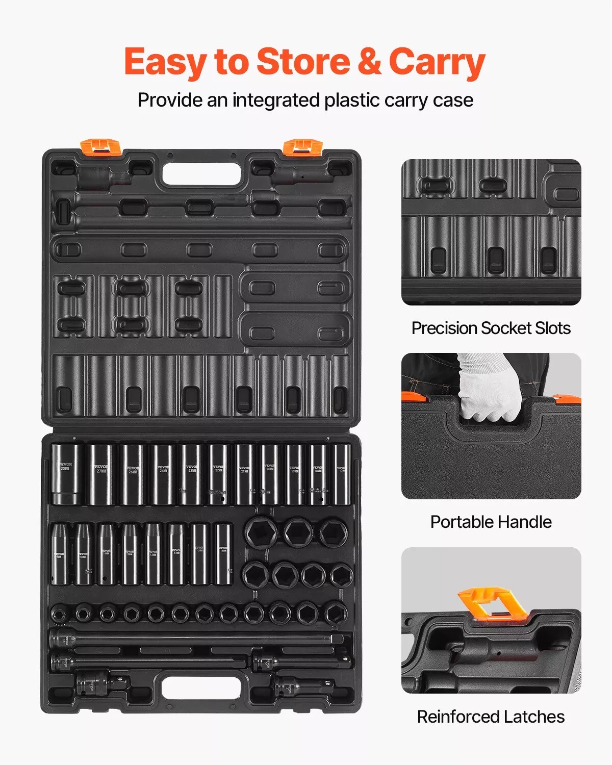 Impact Socket Set 1/2 Inch 43 Pcs Standard+Deep 9 to 30 MM 6-Point Extension Bar