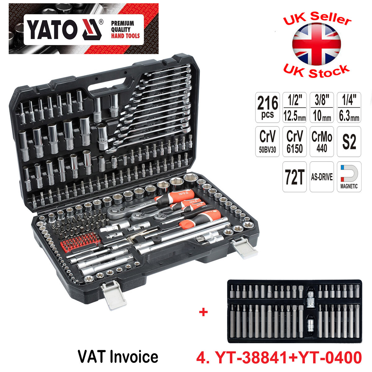 Socket Set 1/2 1/4 3/8 Ratchet Yato 216 pcs + Bit Set 40 pcs YT-38841 + YT-0400